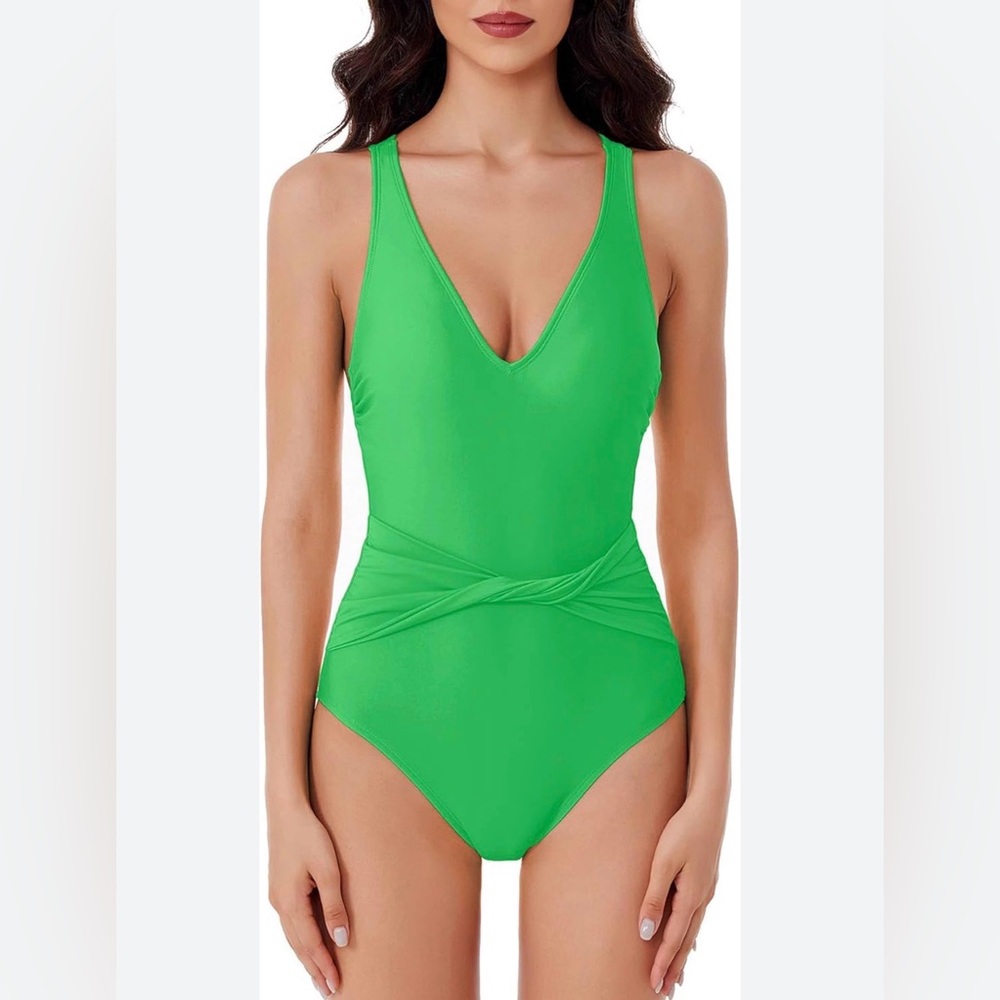 BCA V-Neck Twist-Waist Strappy Back One-Piece Swimsuit Emerald Green X-Small NWT